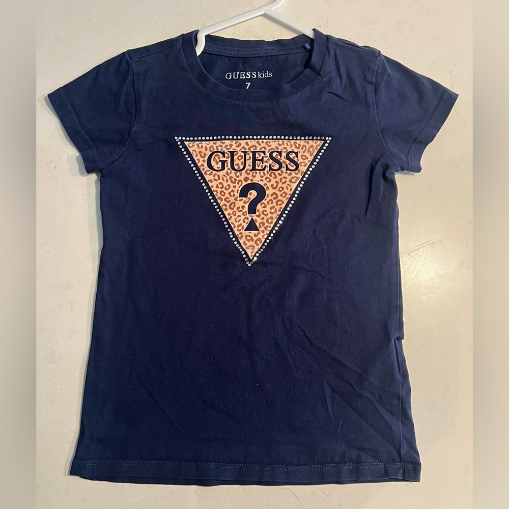 GUESS Kids Dark Blue Tee with Leopard Print Logo
